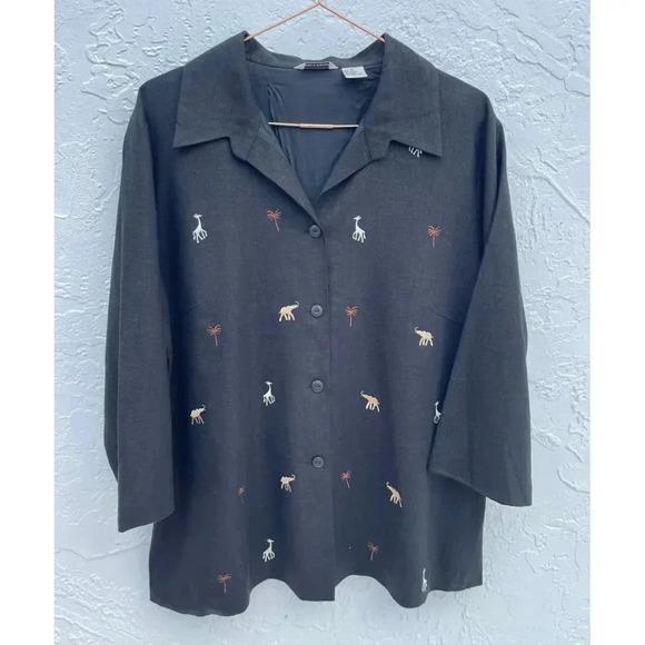 Richard Malcolm Womens Long Sleeve Linen Safari Embroidered Shirt Black Sz 16 - Picture 2 of 7